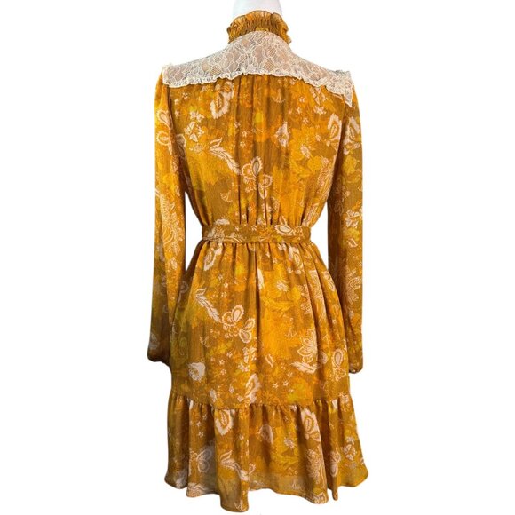 Tahari ASL Lace-Trim BOHO Tiered Split-Neck Dress in Mustard/Ivory Womens Size 4 - Picture 8 of 11